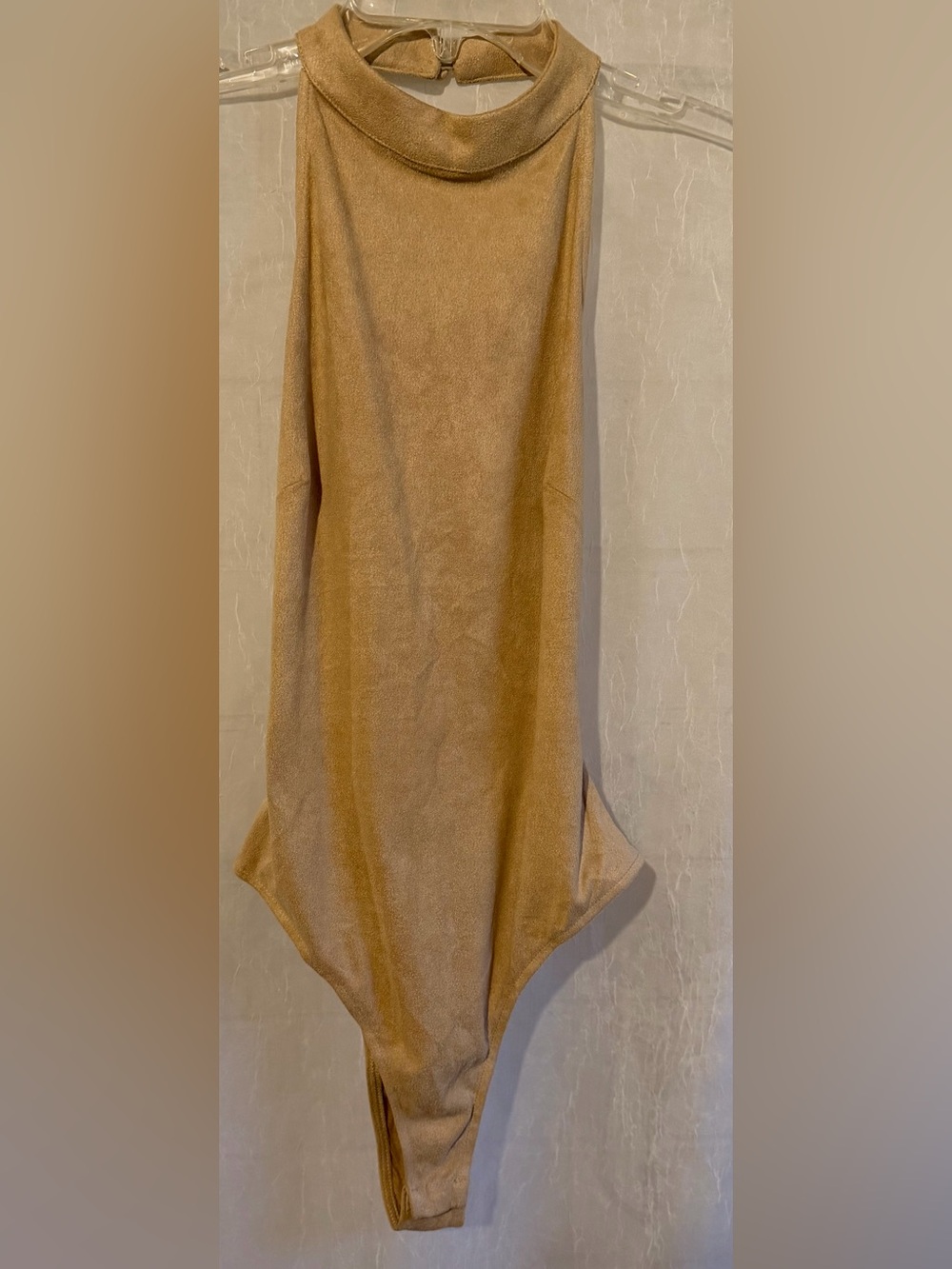 PrettyLittleThing S Tan Suede High Neck Bodysuit